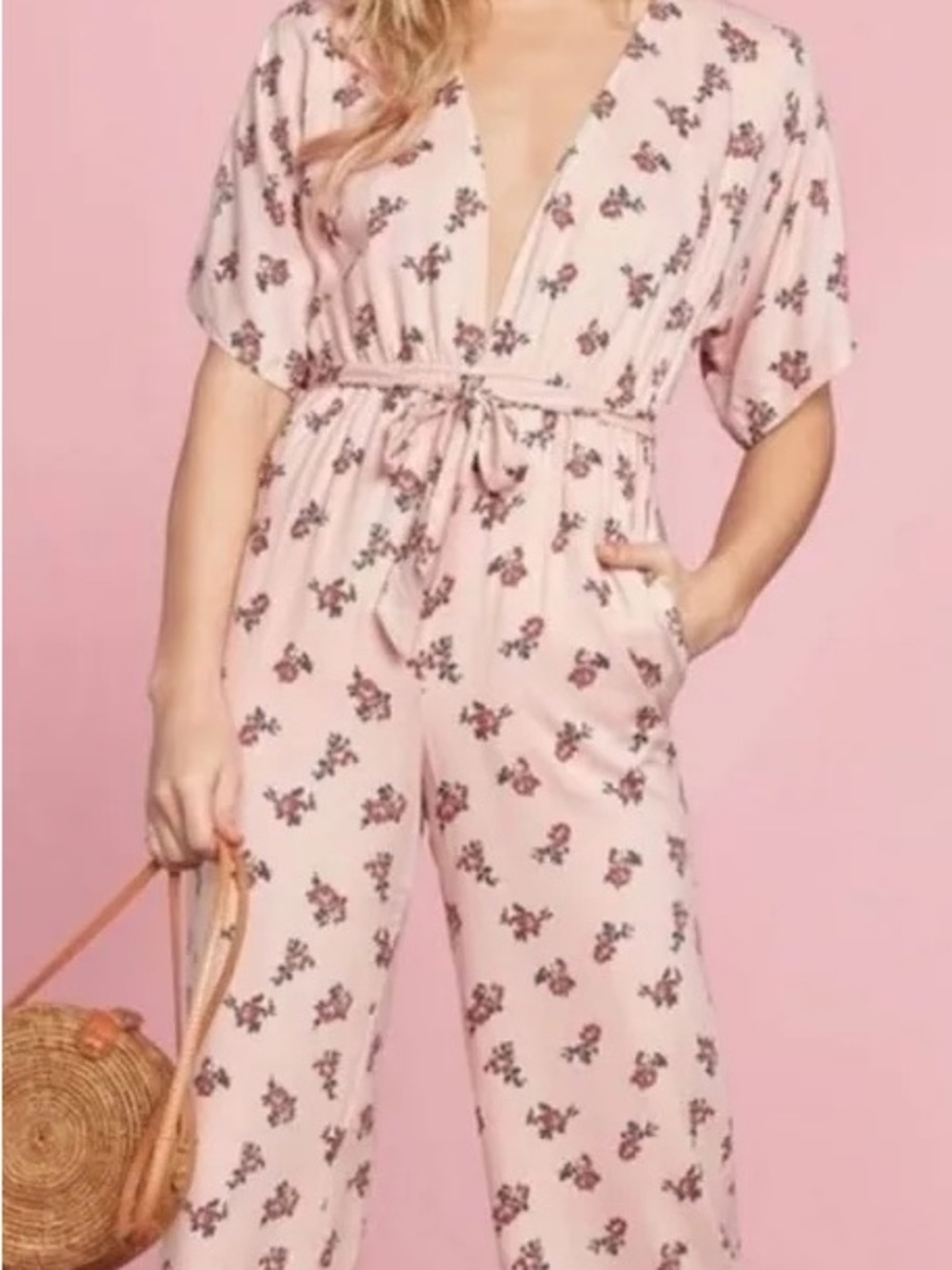 Pink Floral Deep V‑Neck Jumpsuit
